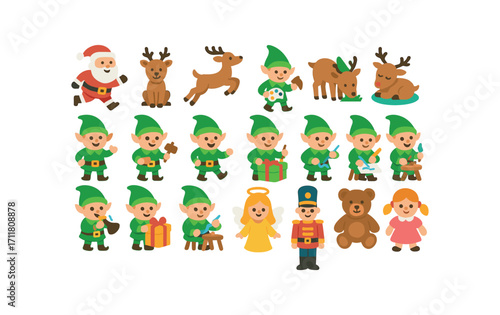 colorful flat vector icons Santa Claus (Companions) reindeer run reindeer rest reindeer flying reindeer eating reindeer sleeping elf helper elf painter elf builder elf singer elf dancer elf.