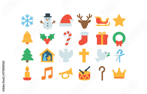 colorful flat vector icons Christmas Symbols (Icons) snowflake shape snowman figure santa hat reindeer antler sleigh silhouette christmas star christmas bell holly leaves mistletoe sprig.