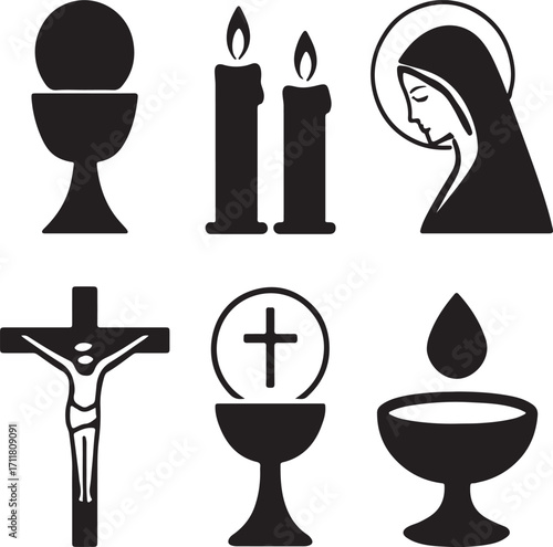  chalice, candles, Madonna, Jesus, eucharist, baptism vector icon set.