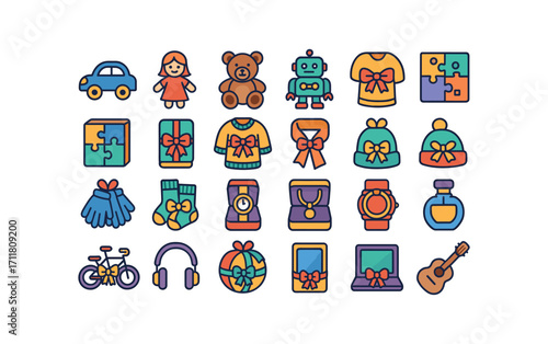 colorful flat vector icons Christmas Gifts (Types) toy car doll figure teddy bear robot toy board game puzzle box book gift sweater gift scarf gift hat gift gloves gift socks gift watch box.