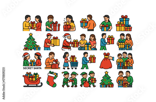 colorful flat vector icons Christmas Gifts (Scenes) gift exchange gift opening gift surprise gift hiding gift stacking gift under tree gift delivery santa giving kids opening adults opening.