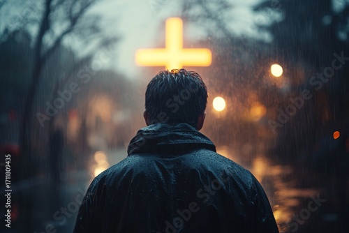 Portrait of a man standing outdoors, facing the rain and pleading for mercy with a glowing cross in the background. The image symbolizes mental health struggles, spiritual crises, Generative AI