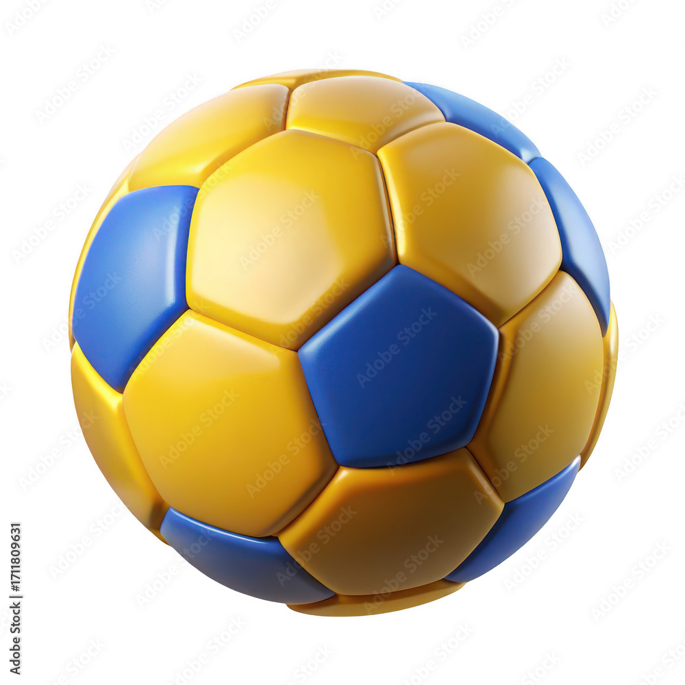 Fototapeta premium 3d rendered soccer ball with blue and yellow panels detailed and realistic title should be unique, creative and subject oriented