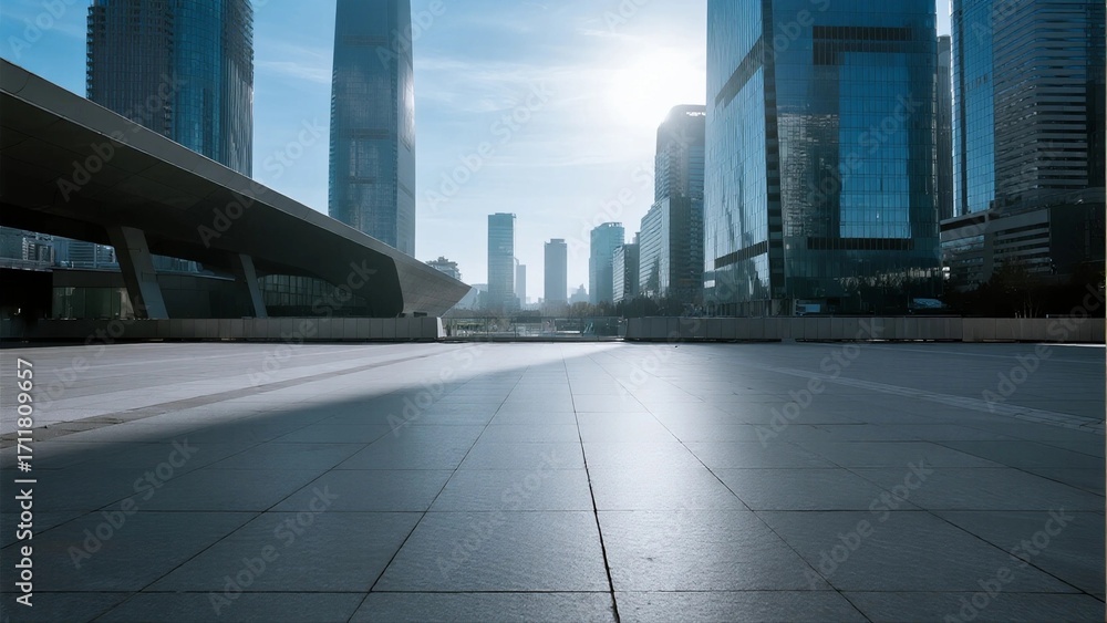 Fototapeta premium Modern cityscape with tall buildings and empty pavement