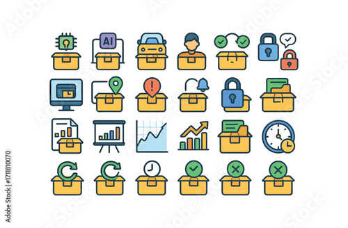 colorful flat vector icons Delivery Slot (Advanced) deliveryslot smart deliveryslot ai deliveryslot auto deliveryslot manual deliveryslot synced deliveryslot unsynced deliveryslot monitor.