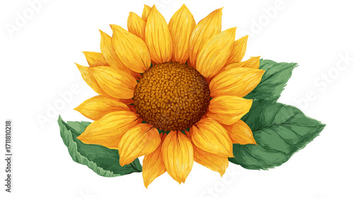 Close-up illustration of a single sunflower with its characteristic yellow petals radiating from a dark brown center.  Two large, green leaves flank the flower. The style is illustrative,