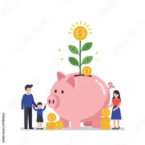 Joyful family working together to save money, depositing coins into a large pink piggy bank, representing smart financial planning, growth, and a secure future