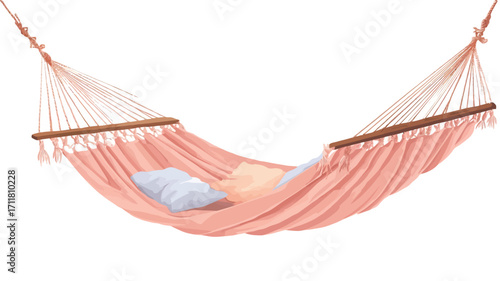 A studio shot of a peach-colored hammock with wooden spreader bars.  The hammock is gently curved, and two light-colored pillows are resting inside. The fabric appears to be a soft, woven textile.