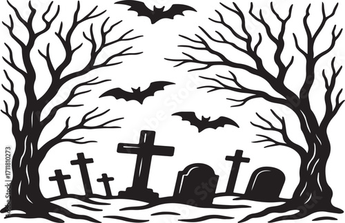 Halloween graveyard scene with bare trees, flying bats, and tombstones silhouette vector