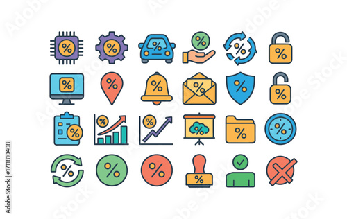 colorful flat vector icons Interest Rate (Advanced) interest smart interest ai interest auto interest manual interest synced interest unsynced interest monitor interest track interest alert.