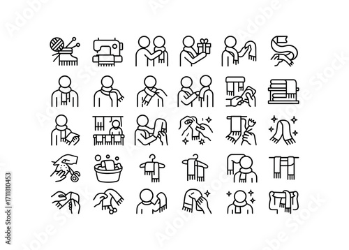 vector outline icons Scarves (Scenes) scarf knitting scarf sewing scarf wrapping scarf gifting scarf wearing scarf tying scarf untying scarf painting scarf carving scarf selling scarf.