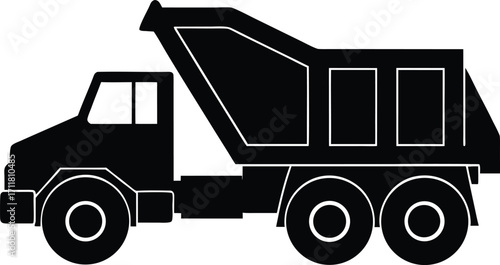 High contrast black silhouette of a dump truck with a raised bed, perfect for construction designs and heavy-duty artwork silhouette vector.