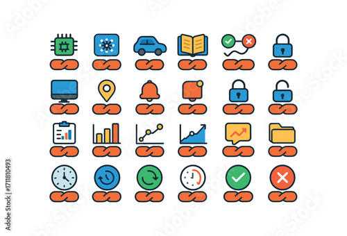 colorful flat vector icons Bond (Advanced) bond smart bond ai bond auto bond manual bond synced bond unsynced bond monitor bond track bond alert bond notify bond secure bond unsecure bond.