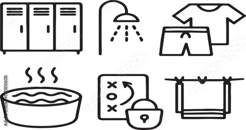 Locker room elements line art icon set