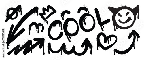 Graffiti doodle vector hand drawn black spray paint illustration with heart, arrow, devil, crown, text, scribble lines ink splatter. Elements on white background for banner, decoration, street art