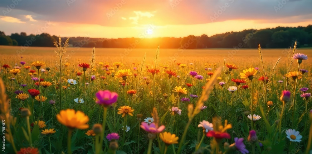 Obraz premium Golden Sunset Meadow Wildflowers Dance in the Evening Breeze, a Stunning Natural Landscape