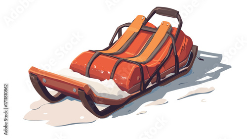 A digital illustration of an orange wooden sled resting on a patch of snow. The sled is depicted in a slightly three-quarter view, showing its wooden runners, orange fabric or padding secured with