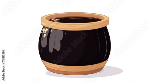 A digital illustration of a small, round ceramic pot. The pot is predominantly black with a glossy finish, and features a light brown rim at the top and bottom. The illustration style is simple and