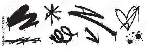 Graffiti doodle vector hand drawn black spray paint illustration with arrow, flower, heart, scribble lines and dripping ink splatter. Elements on white background for banner, decoration, street art.