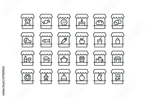 vector outline icons Markets (Stalls) toy stall candy stall cookie stall cake stall bread stall cheese stall meat stall fish stall veg stall fruit stall drink stall cocoa stall wine stall.