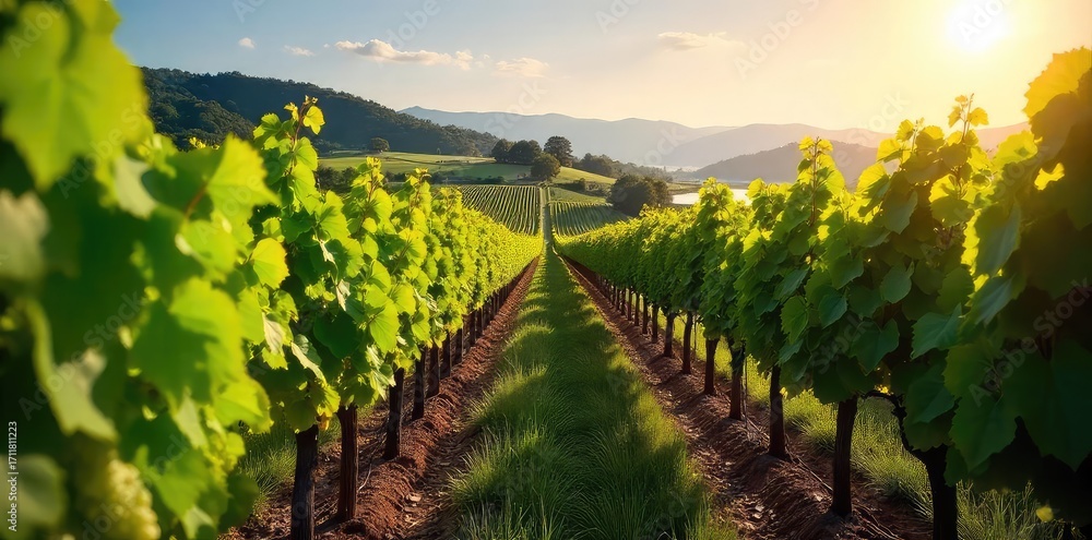 Naklejka premium Sun-drenched vineyard rows stretching to a distant hillside, lush green vines heavy with ripening grapes, a picturesque winery backdrop perfect for wine labels or websites , sun, sky, drink