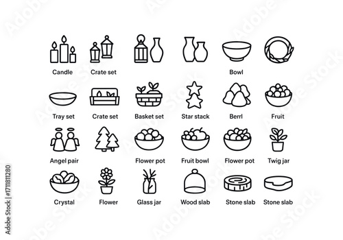 vector outline icons Centerpieces (Types) candle cluster lantern cluster vase trio bowl fill tray set crate set basket set wreath ring garland line tree mini star stack bell pile angel pair.