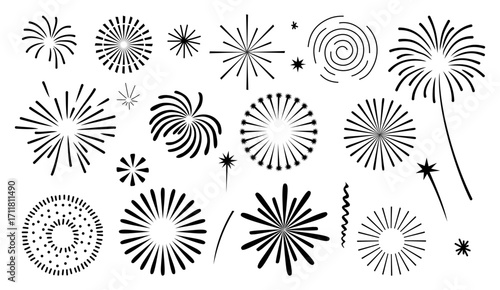 Set of black vector icons of exploding festival fireworks, flashes, and celebratory salutes. Flat, isolated illustrations perfect for festive designs and event graphics