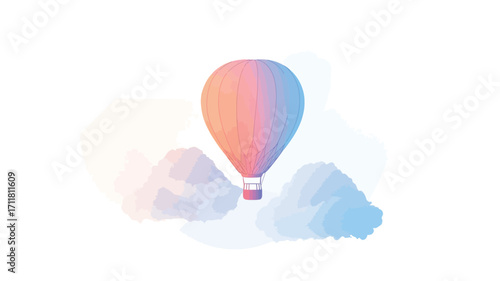 A digital illustration depicting a hot air balloon rendered in soft pastel shades of orange, pink, and yellow. The balloon is centrally positioned against a white background, surrounded by