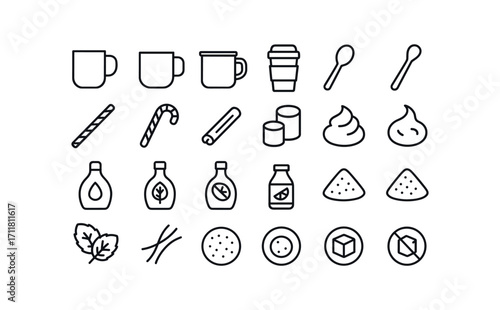 vector outline icons Cocoa Bar (Types) ceramic mug glass mug tin mug travel mug paper cup wooden spoon metal spoon paper straw candy cane cinnamon stick marsh mini marsh jumbo cream dollop.