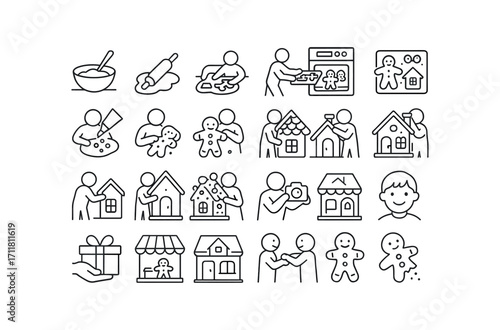 vector outline icons Gingerbread (Scenes) dough mixing dough rolling shape cutting sheet loading oven baking tray cooling icing piping sprinkle dusting candy placing wall building roof.