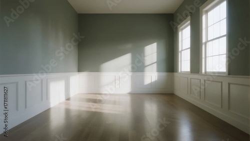 Empty room with light-colored walls and wooden floor