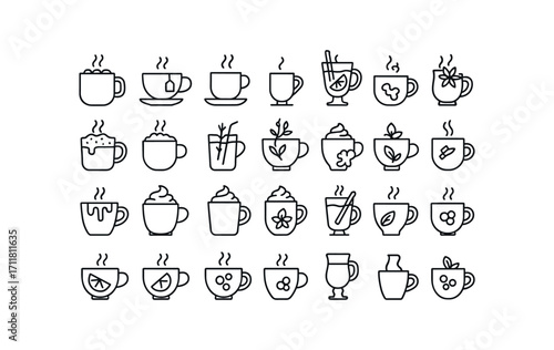 vector outline icons Hot Drinks (Types) hot cocoa hot tea hot coffee hot cider hot punch mulled wine egg nog spiced milk chai latte ginger tea herbal tea mint cocoa caramel cocoa dark cocoa.