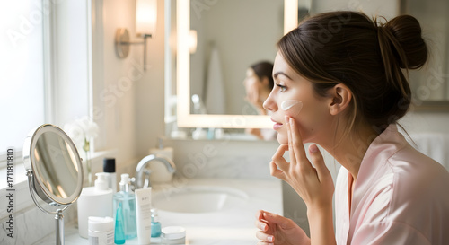 A woman applies cream to her face in a well-lit bathroom, showcasing a morning skincare routine
