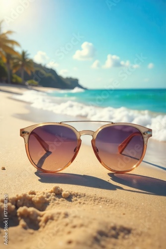 Wallpaper Mural Stylish sunglasses resting on a vibrant summer beach scene, sun reflecting off the lenses, ocean waves in the background  Perfect for summer travel, vacation, and holiday themes , sunlight, summer Torontodigital.ca