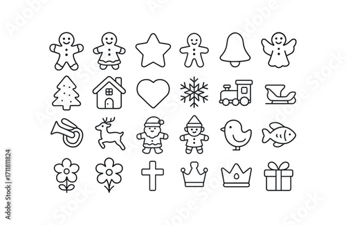 vector outline icons Gingerbread (Types) cookie man cookie woman cookie child cookie star cookie bell cookie angel cookie tree cookie house cookie heart cookie snow cookie train cookie drum.