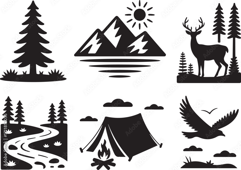 Obraz premium Explore nature with camping, mountains, deer, and eagle