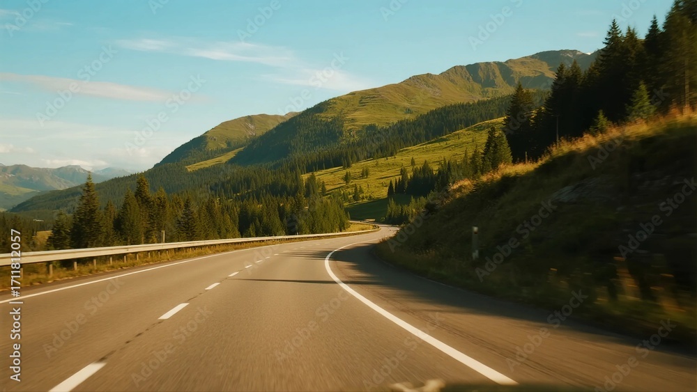 Naklejka premium Scenic highway with lush green mountains and clear sky