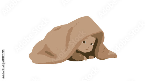 Digital illustration of a baby's face and hands peeking out from under a large, light beige blanket. The baby is depicted in a cartoonish style, with soft features and rounded forms. 
