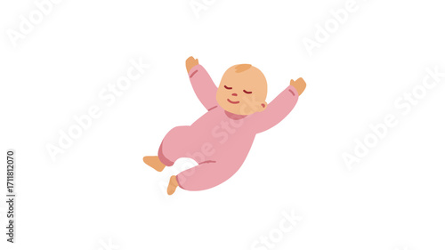 A digital illustration of a baby lying on its back, arms outstretched. The baby is depicted in a pink onesie, with light skin and blonde hair. The style is simple and cartoon-like, with flat colors