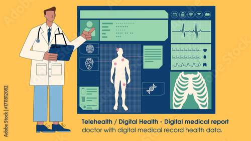 Flat vector illustration of a doctor presenting a digital medical report on a tablet, showing ECG chart and blood test icons. Perfect for healthcare apps, medical landing pages, and hosp