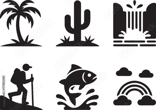 Explore nature's wonders icons: hike, fish, and rainbow
