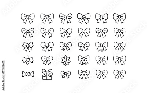 vector outline icons Bows (Types) classic bow ribbon bow lace bow satin bow velvet bow organza bow wired bow fabric bow paper bow felt bow yarn bow tulle bow star bow heart bow snow bow.