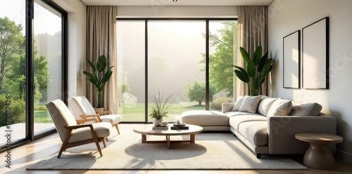 Sunlit living room with modern furniture, large windows offering natural light, and stylish decor  Neutral color palette creates a serene atmosphere perfect for relaxation ,  apartment,  floor