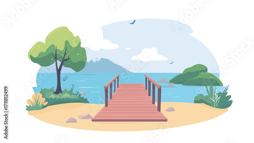 A digital illustration depicting a serene lakeside scene.  The illustration features a wooden dock extending from a sandy beach into calm blue water.  Green trees and vegetation are visible on the