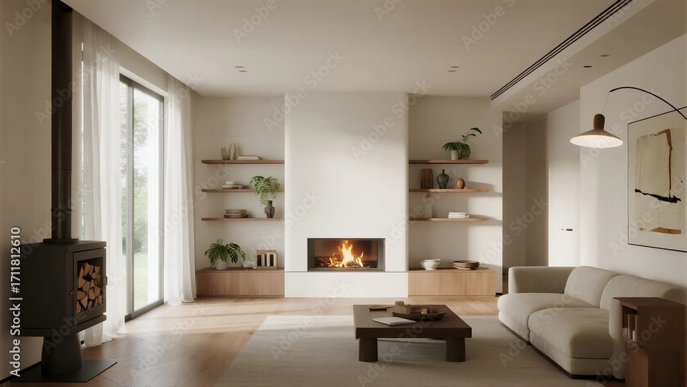 Fototapeta premium Modern living room with fireplace and minimalist decor