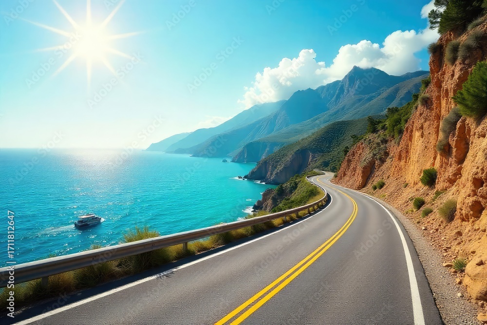 Fototapeta premium Sun-drenched coastal highway, winding road leads to a vibrant summer destination Perfect for travel, vacation, and getaway themes Evokes feelings of freedom and adventure , adventure, beach