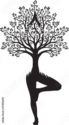 Tree pose yoga silhouette with branches growing upward symbolizing growth and balance