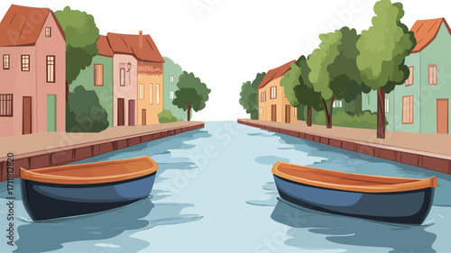 A digital illustration depicting a canal scene. The image features two small boats on calm water, situated between rows of colorful houses and lush green trees. The architectural style suggests a