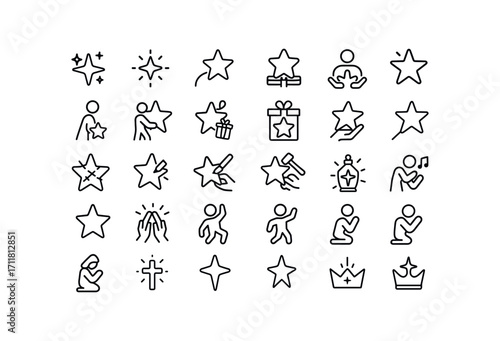 vector outline icons Stars (Scenes) star glowing star shining star guiding star blessing star watching star carrying star gifting star wrapping star showing star patching star decorating.