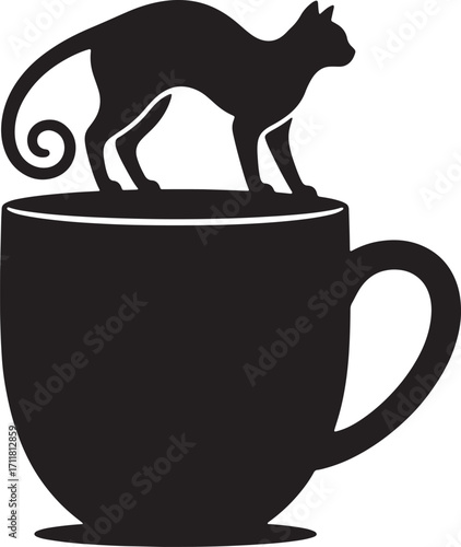 Silhouette of a graceful cat perched atop a coffee mug